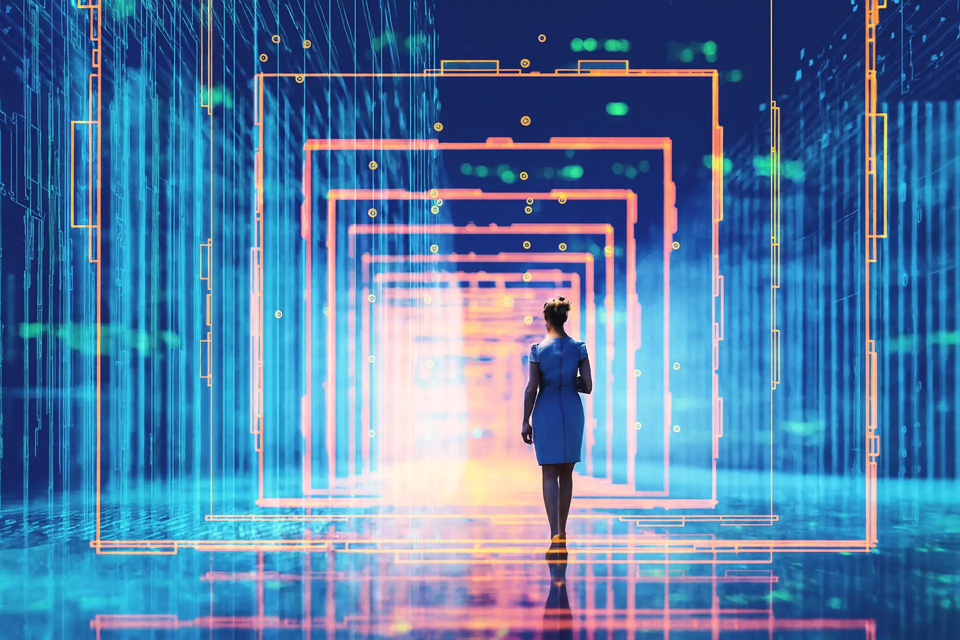 Woman walking through digital tunnel representing intelligent healthcare front door